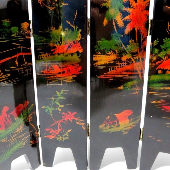 Geisha Mini FOLDING SCREEN Black Lacquer 6 Panel Asian Women Vintage - Picture 9 of 12